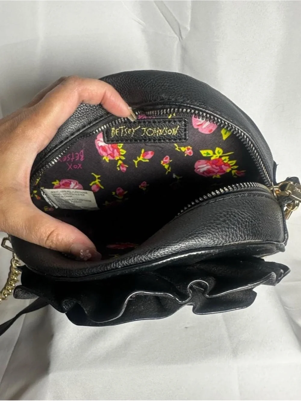 Black Ruffle Crossbody Bag with Gold Hardware